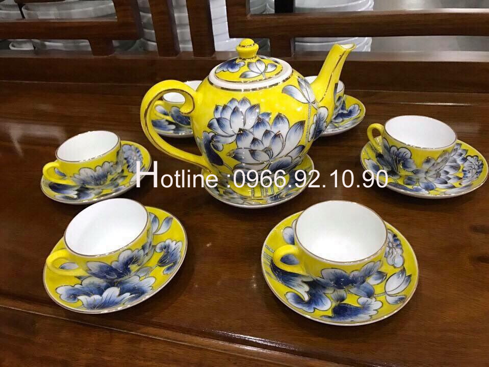 Bộ ấm trà sen vàng 24k Bát Tràng cao cấp quà tặng sang trọng