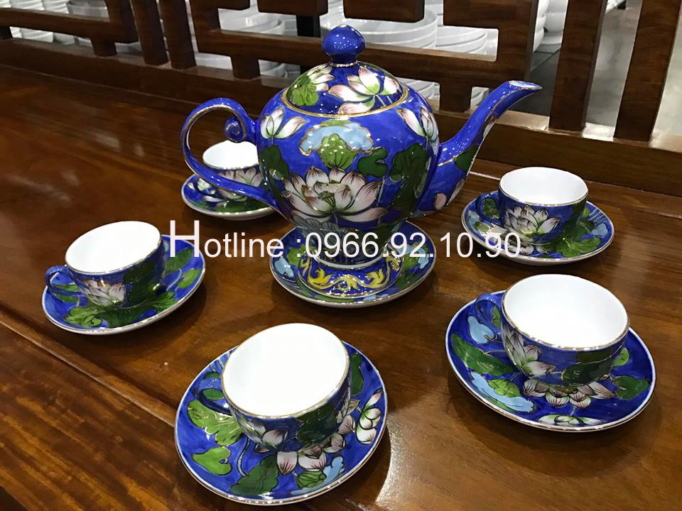 Bộ ấm chén Bát Tràng vẽ vàng 24k xanh lam quà tặng cao cấp