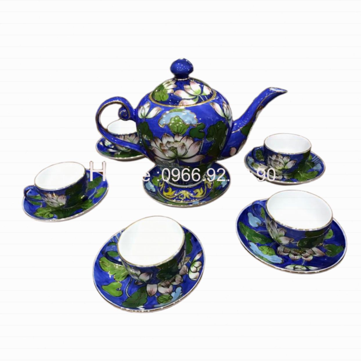 Bộ ấm chén Bát Tràng vẽ vàng 24k xanh lam quà tặng cao cấp 
