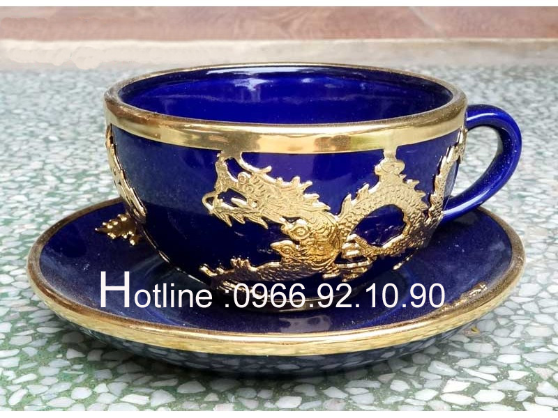 Bộ ấm chén xanh coban bọc rồng sang trọng quà tết ý nghĩa