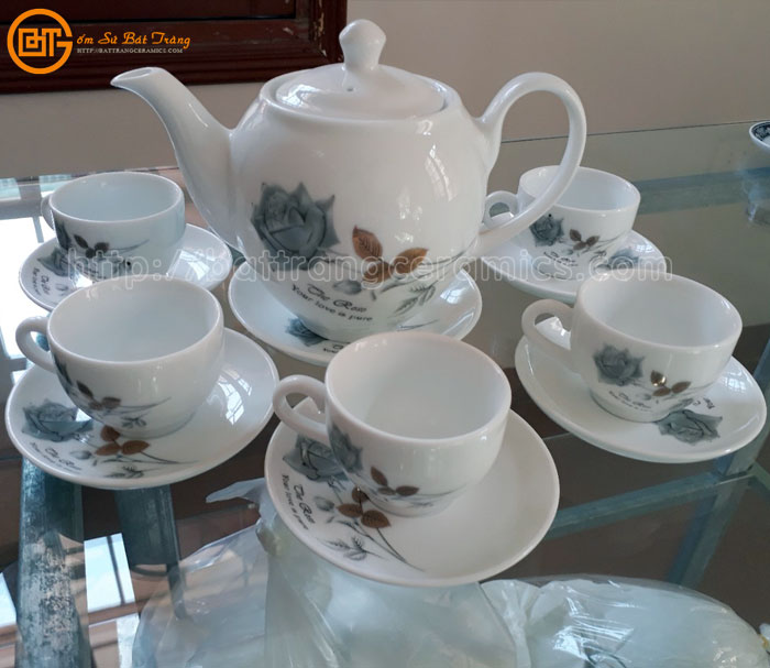 Ấm chén Bát Tràng hoa hồng gốm sứ men trắng quà tặng độc đáo 