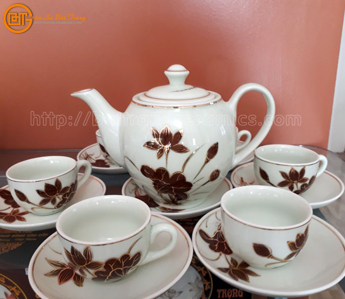 Ấm chén Bát Tràng vẽ hoa ánh kim cao cấp quà tặng đẹp