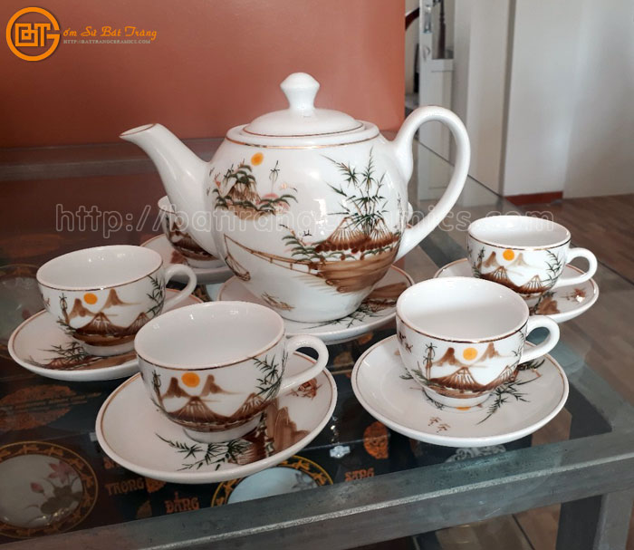 Ấm chén Bát Tràng vẽ hoa ánh kim cao cấp quà tặng đẹp