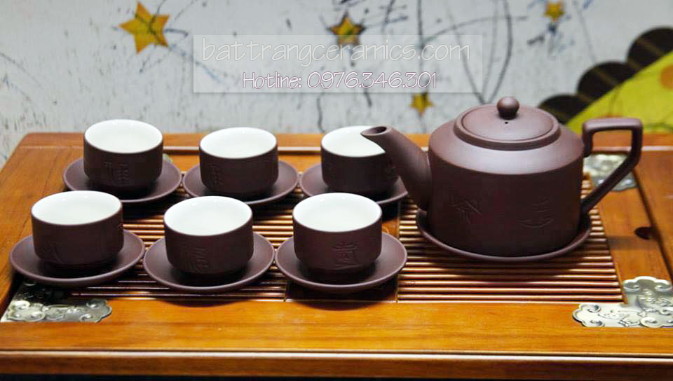 Ấm chén tử sa vai vuông Bát Tràng giữ hương trà, quà tặng sang trọng 