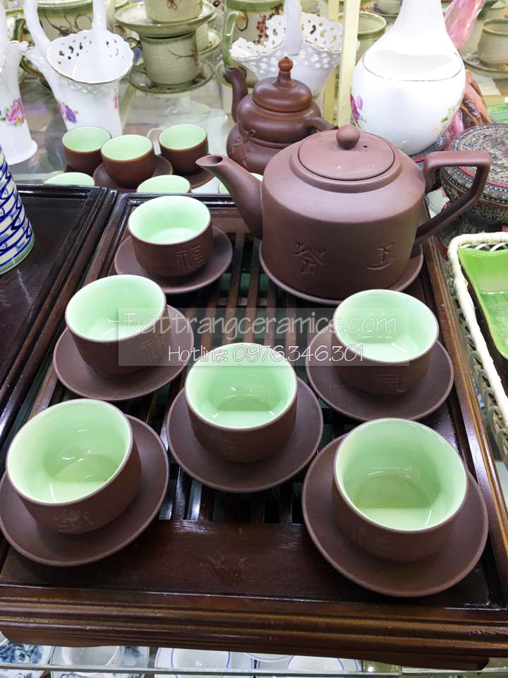 Ấm chén tử sa vai vuông Bát Tràng giữ hương trà, quà tặng sang trọng