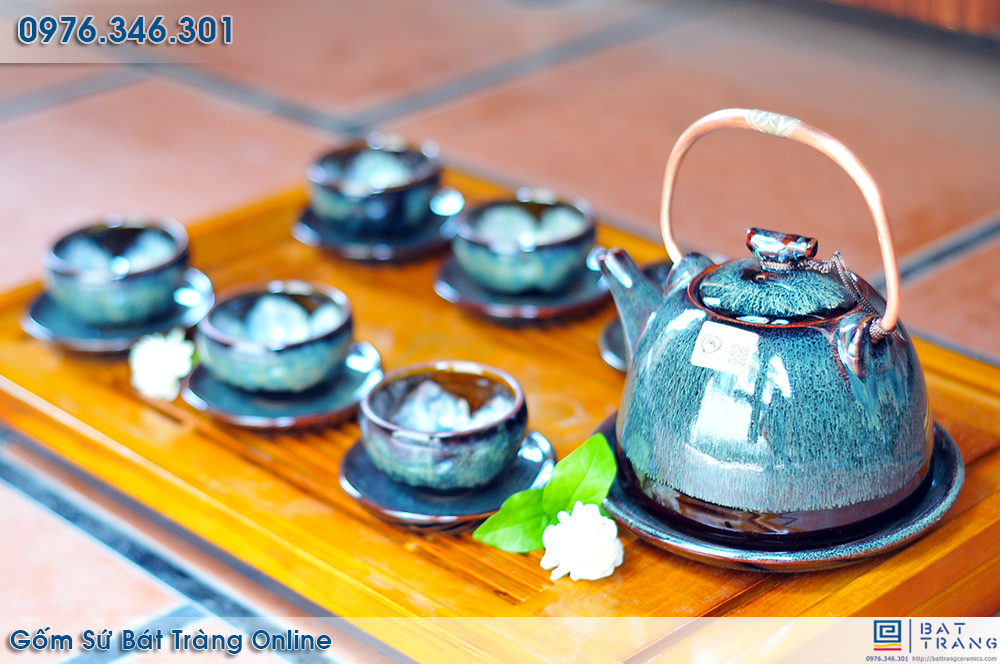 Ấm chén Bát Tràng men hỏa biến xanh bộ cao cấp quà tặng sang