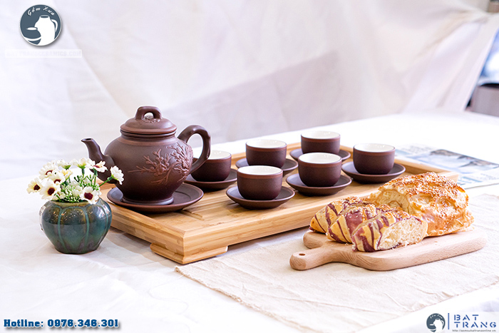 Bộ ấm chén tử sa hoa mai đắp nổi sang trọng quà tặng ý nghĩa