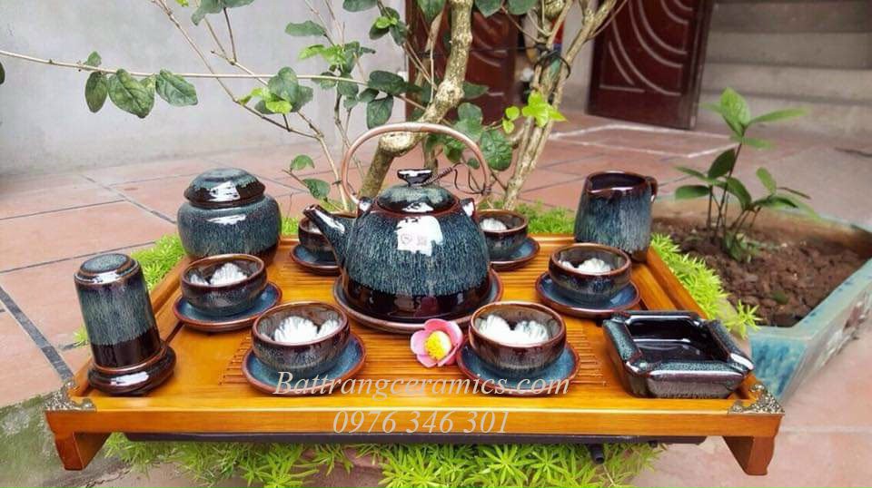 Bộ ấm chén Bát Tràng men hỏa biến sang trọng cao cấp quà tặng 