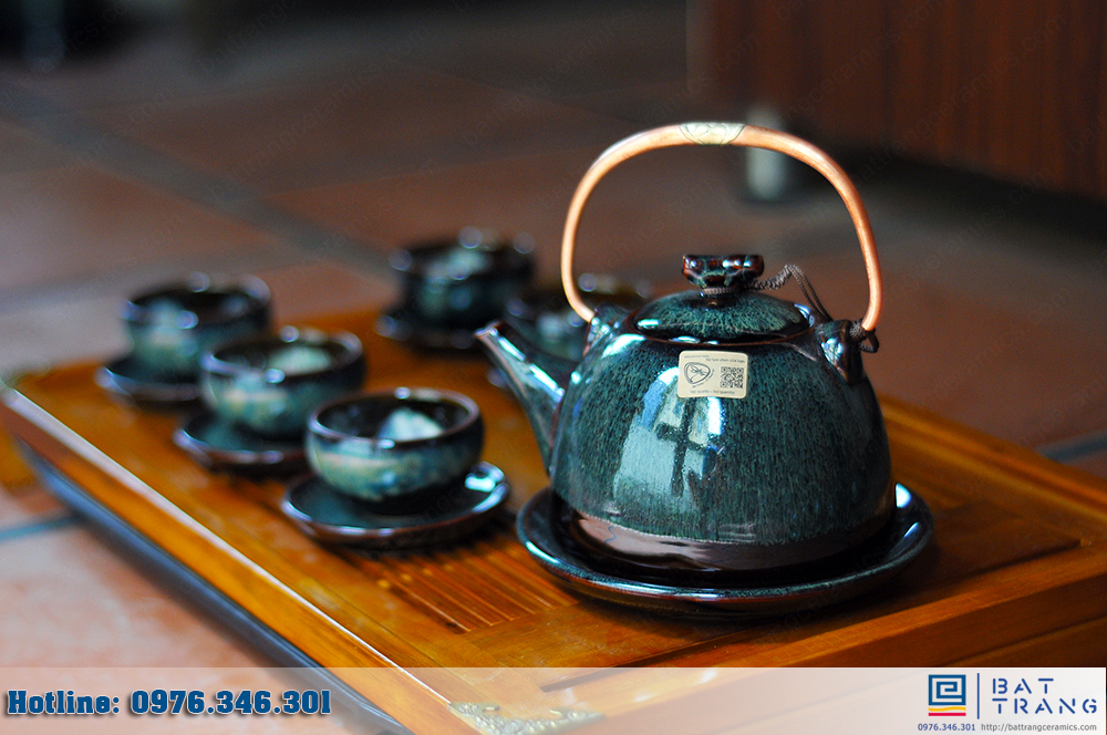 Bộ ấm chén Bát Tràng men hỏa biến sang trọng cao cấp quà tặng