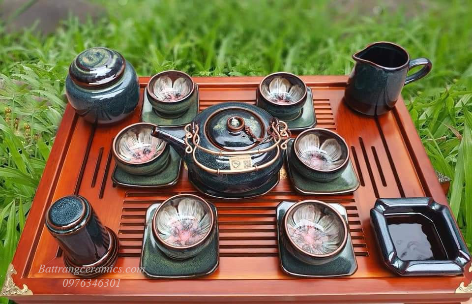 Bộ ấm chén men hỏa biến Giang Tây cao cấp kèm phụ kiện đẹp 