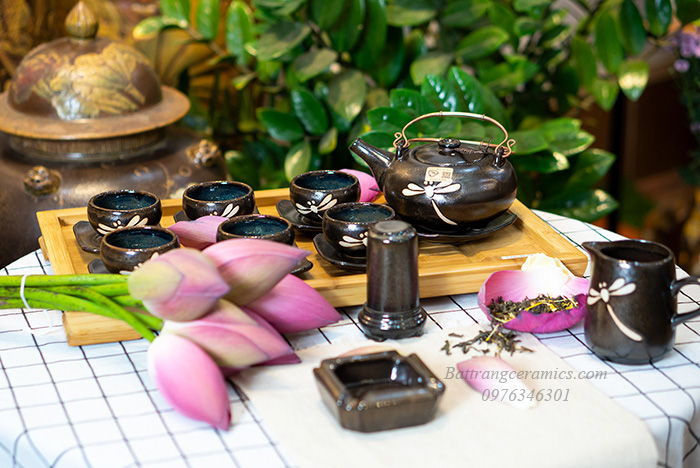 Bộ ấm chén men hỏa biến Giang Tây khắc chuồn chuồn sang trọng chất lượng cao