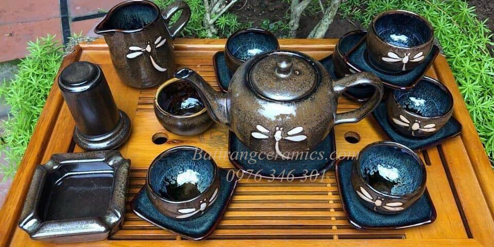 Bộ ấm chén Minh Long men hỏa biến cao cấp khắc chuồn sang trọng 