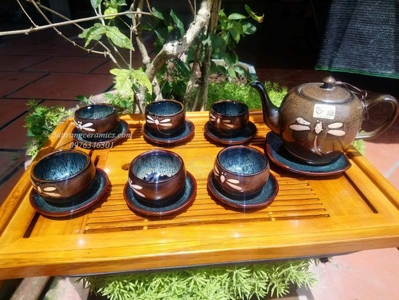 Bộ ấm chén Minh Long men hỏa biến cao cấp khắc chuồn sang trọng