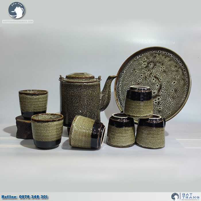 Bộ ấm tích men gấm vàng cao cấp khay tròn sang trọng Bát Tràng