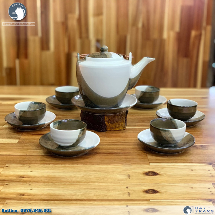 Bộ ấm chén men bóng 3 màu cao cấp Bát Tràng quà tặng ý nghĩa 