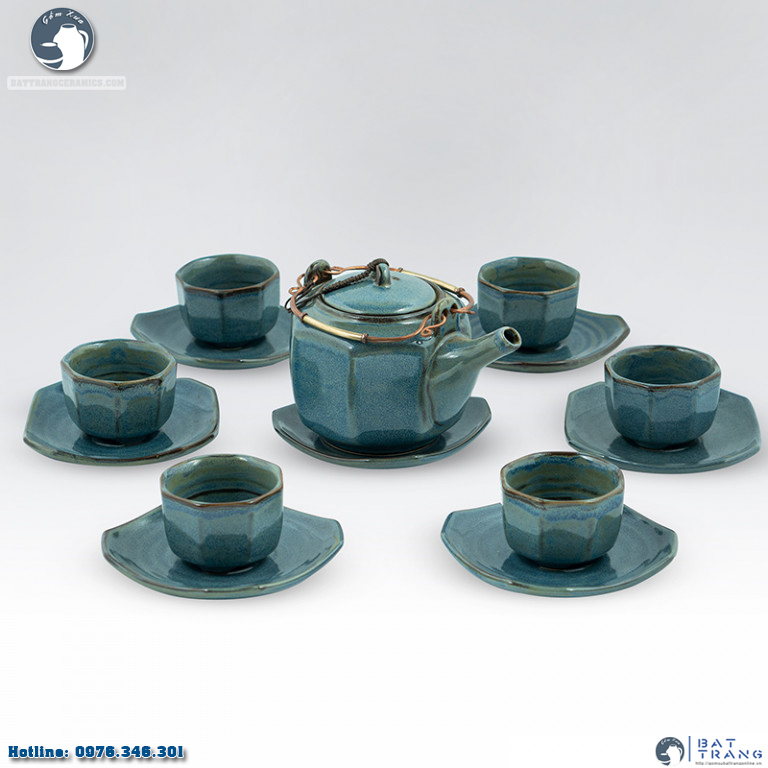 Bộ ấm chén bát giác xanh da trời nghệ nhân Tô Thanh Sơn chính hãng
