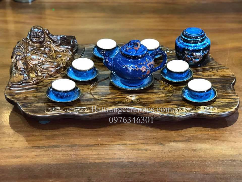 Bộ ấm chén tử sa sang trọng men hỏa biến hoa mai đắp nổi chất lượng