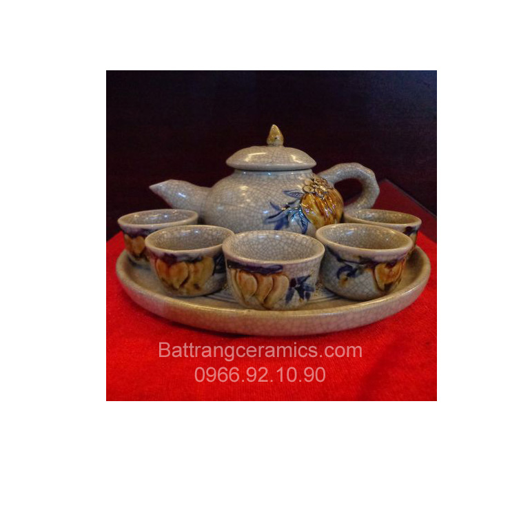 Bộ trà 5 chén rạn đắp nổi cao cấp tặng quà đẹp sang trọng 