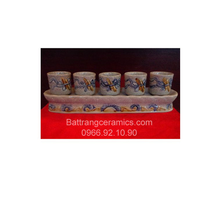 Bộ kỷ 5 chén men rạn đắp nổi sang trọng quà tặng ý nghĩa 