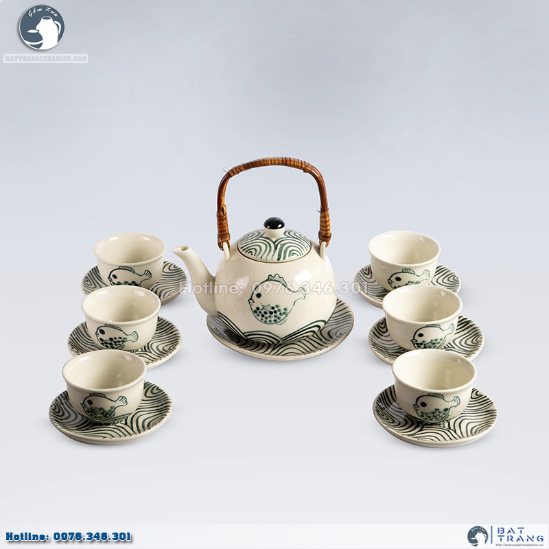 Bộ ấm chén cá sóng lượn quai mây đẹp độc đáo Bát Tràng