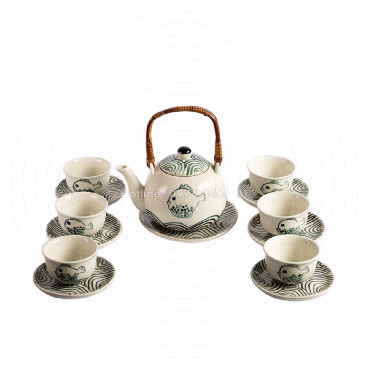 Bộ ấm chén cá sóng lượn quai mây đẹp độc đáo Bát Tràng 