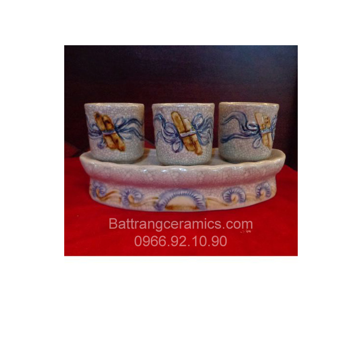 Bộ 3 chén men rạn đắp nổi cao cấp, sang trọng, quà tặng ý nghĩa 