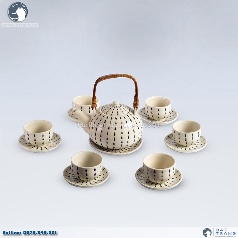 Bộ ấm chén chấm mưa đen quai mây Bát Tràng sang trọng quà tặng độc đáo 