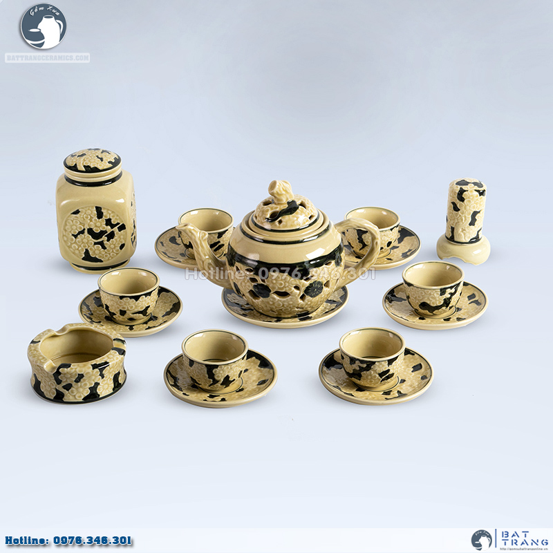 Bộ ấm chén hai lòng đen vàng phong thủy phụ kiện đầy đủ Bát Tràng
