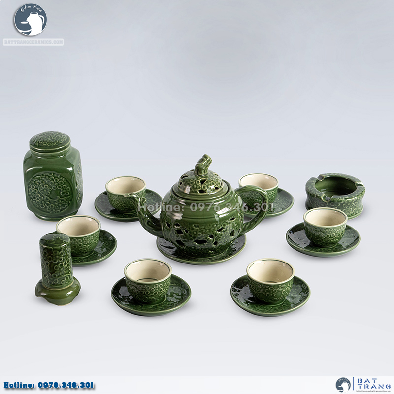 Bộ ấm chén hai lòng xanh trắng sang trọng tặng phụ kiện 
