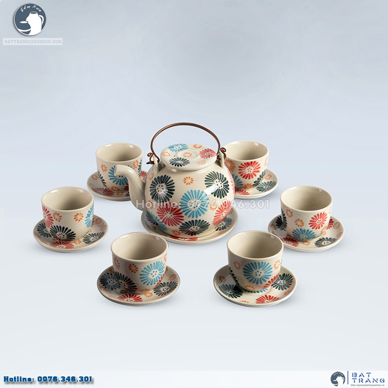 Bộ ấm chén hoa quai đồng Bát Tràng gốm sứ cao cấp đẹp sang