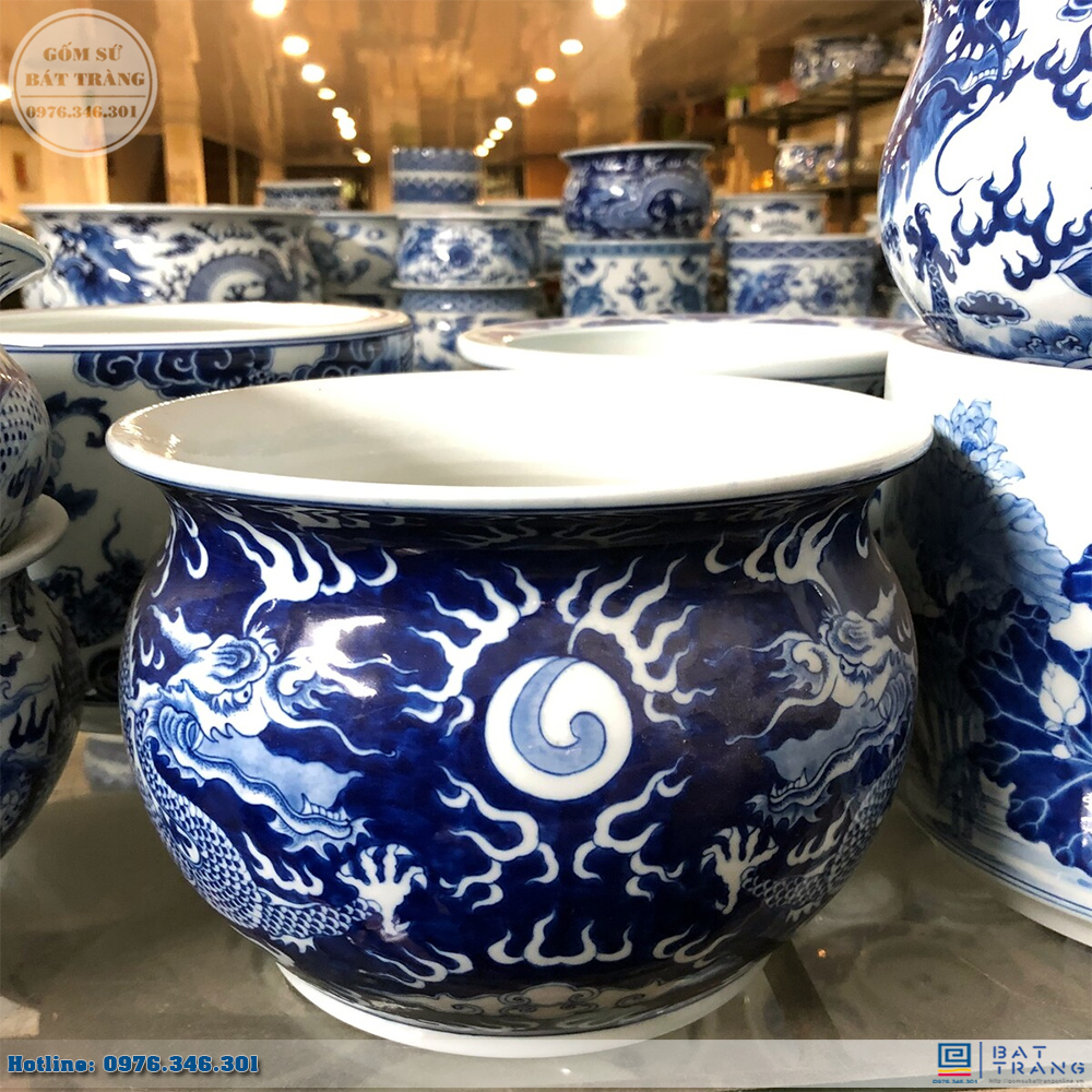 Bát hương xanh song long chầu nguyệt quả lựu Φ22cm Gốm sứ Bát Tràng cao cấp