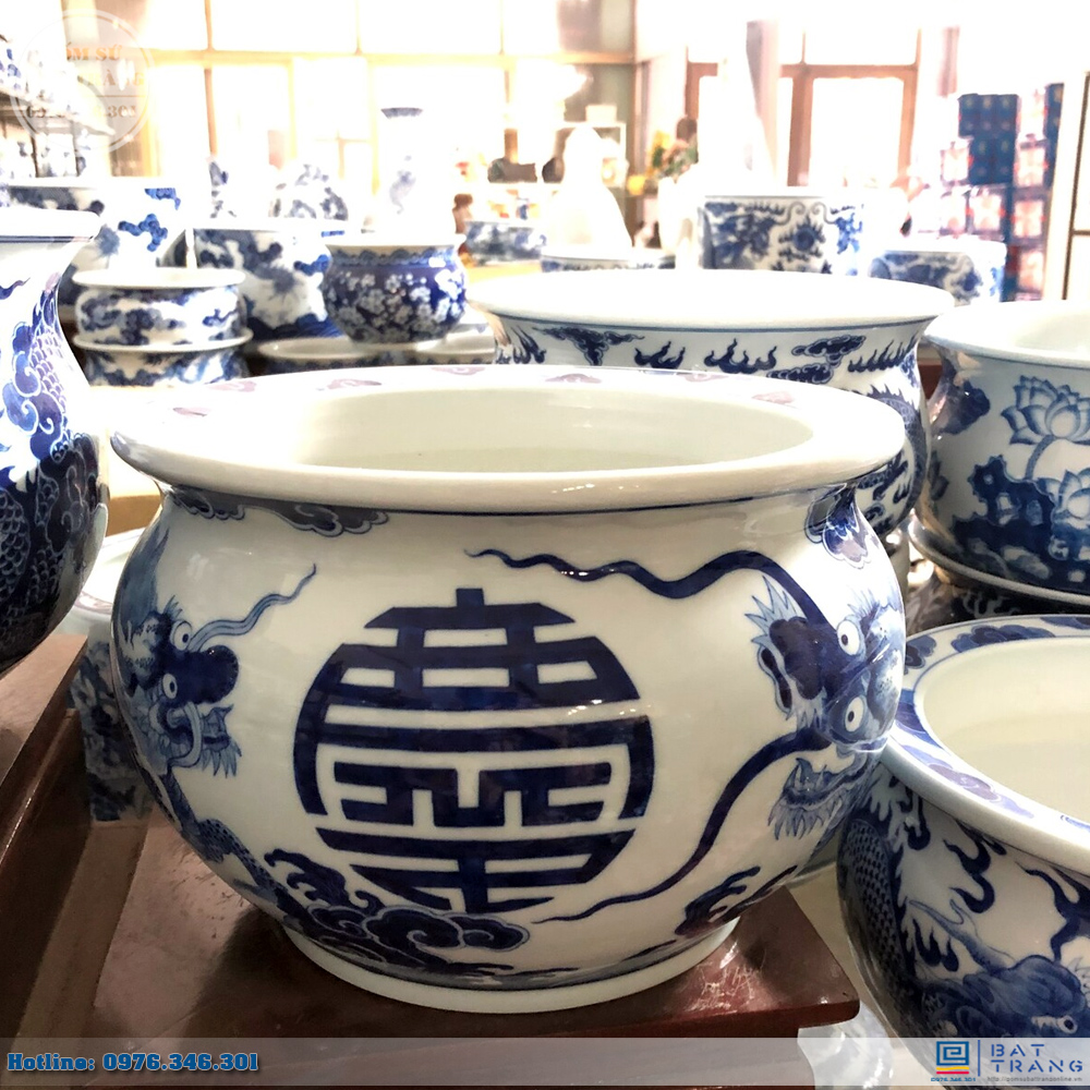 Bát hương men lam vẽ chữ Thọ dáng quả lựu sang trọng Φ22cm cao cấp 