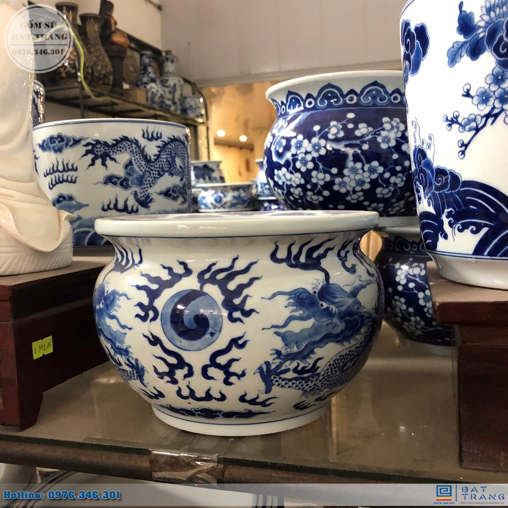 Bát hương men xanh lam song long dáng quả lựu Φ22cm sang trọng thờ cúng 