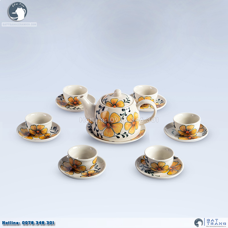 Bộ ấm chén hoa trà quai sứ Bát Tràng độc đáo, siêu đẹp 