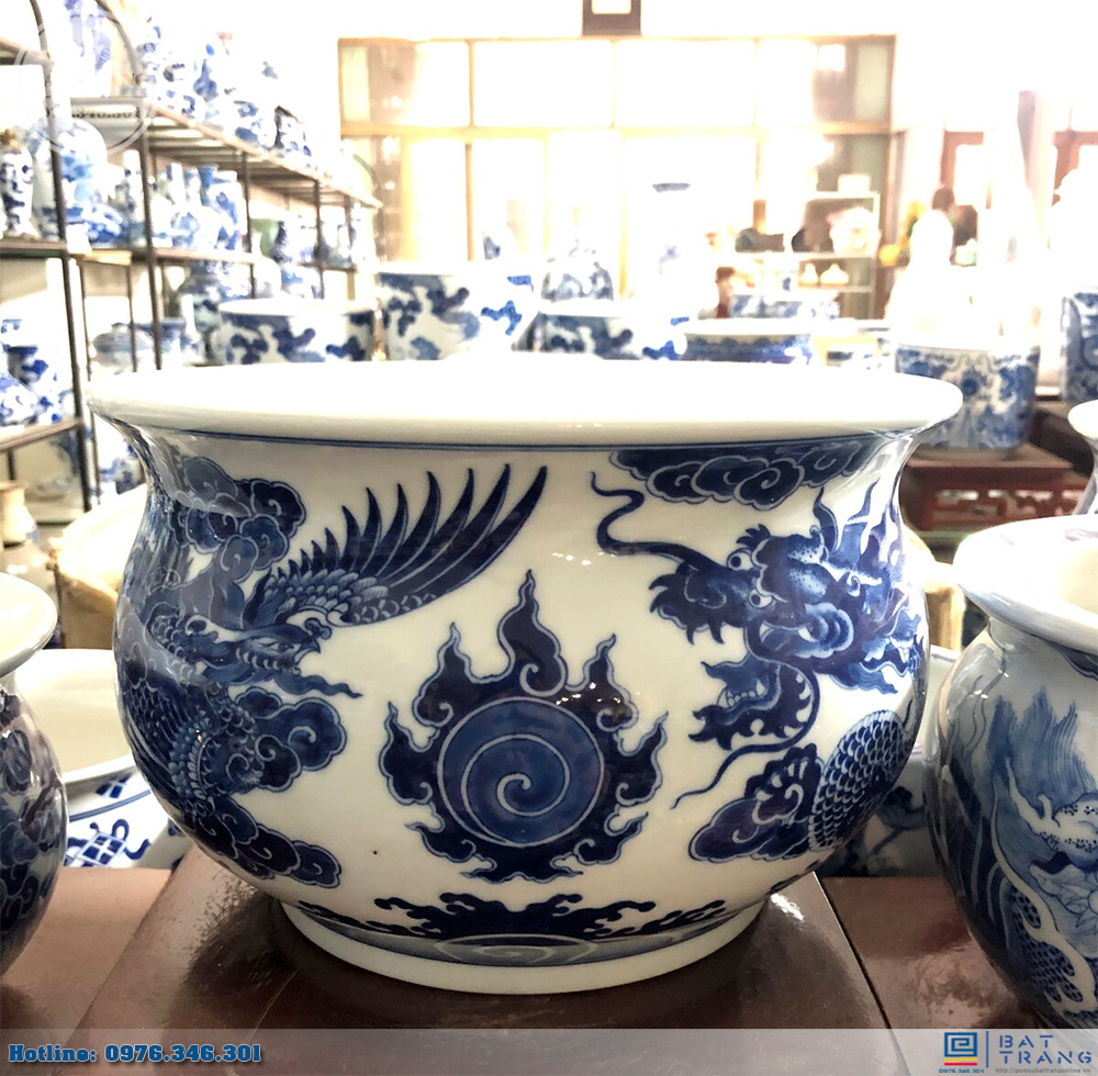 Bát hương men lam Rồng Phượng quả lựu Φ22cm sang trọng chuẩn