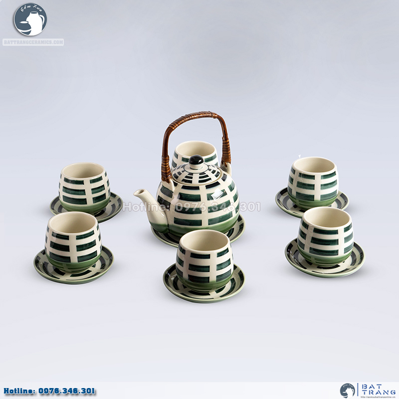 Bộ ấm chén kẻ xanh quai mây Bát Tràng 600ml tinh tế sang trọng