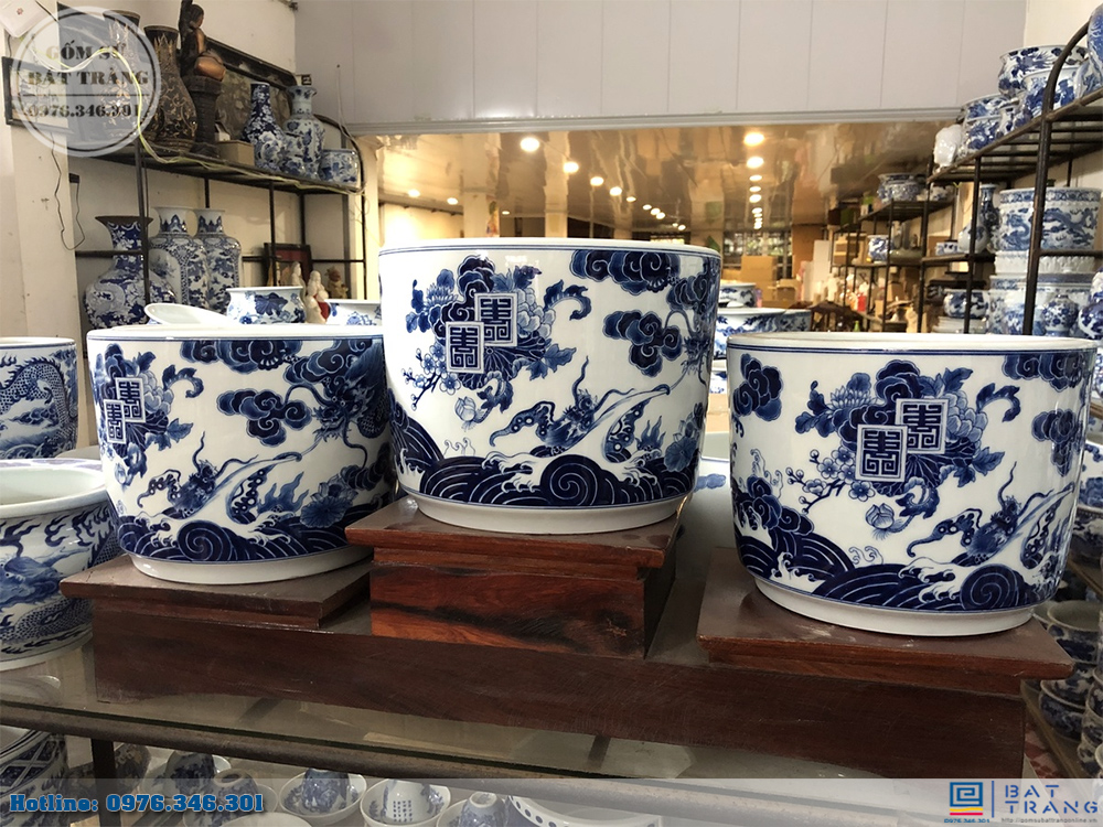 Bộ 3 bát hương Bát Tràng men lam sang trọng Song Long Hí Thủy