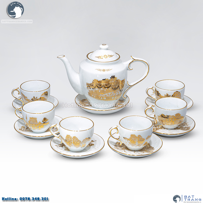 Bộ ấm chén Di sản Việt Nam vẽ vàng sang trọng độc đáo chính hãng Bát Tràng