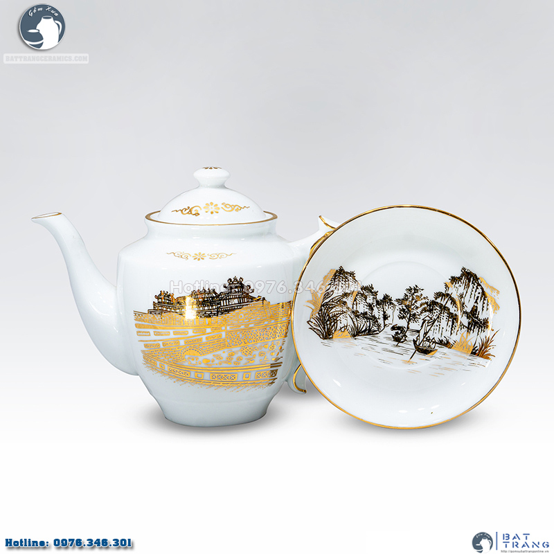 Bộ ấm chén Di sản Việt Nam vẽ vàng sang trọng độc đáo chính hãng Bát Tràng