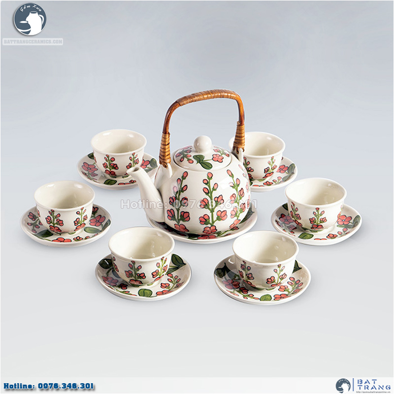 Bộ ấm chén hoa đào đỏ quai mây Bát Tràng 600ml đẹp tinh tế 