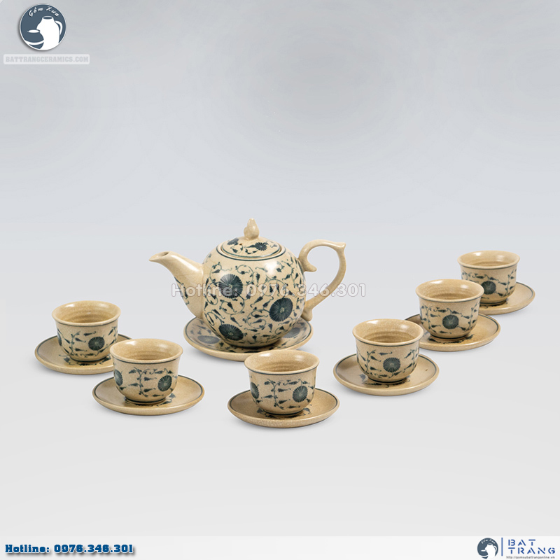 Bộ ấm chén chọp lửa Bát Tràng hoa dây tinh xảo sang trọng 