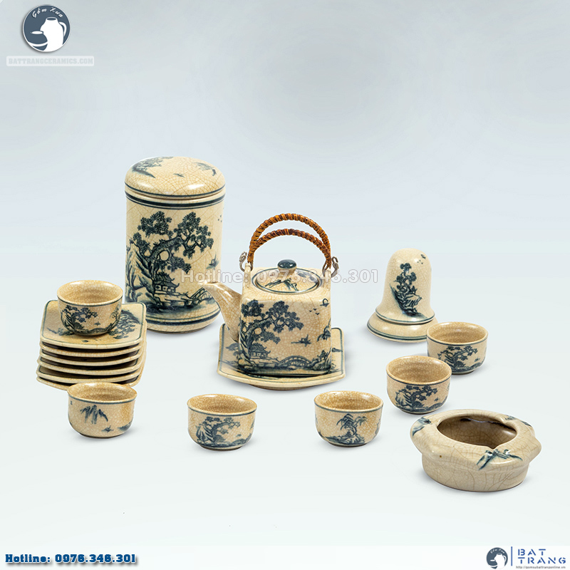 Bộ ấm chén men rạn vuông sơn thủy Bát Tràng phụ kiện độc đáo 