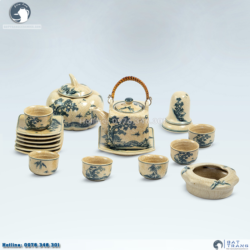 Bộ ấm chén men rạn vuông sơn thủy Bát Tràng phụ kiện độc đáo