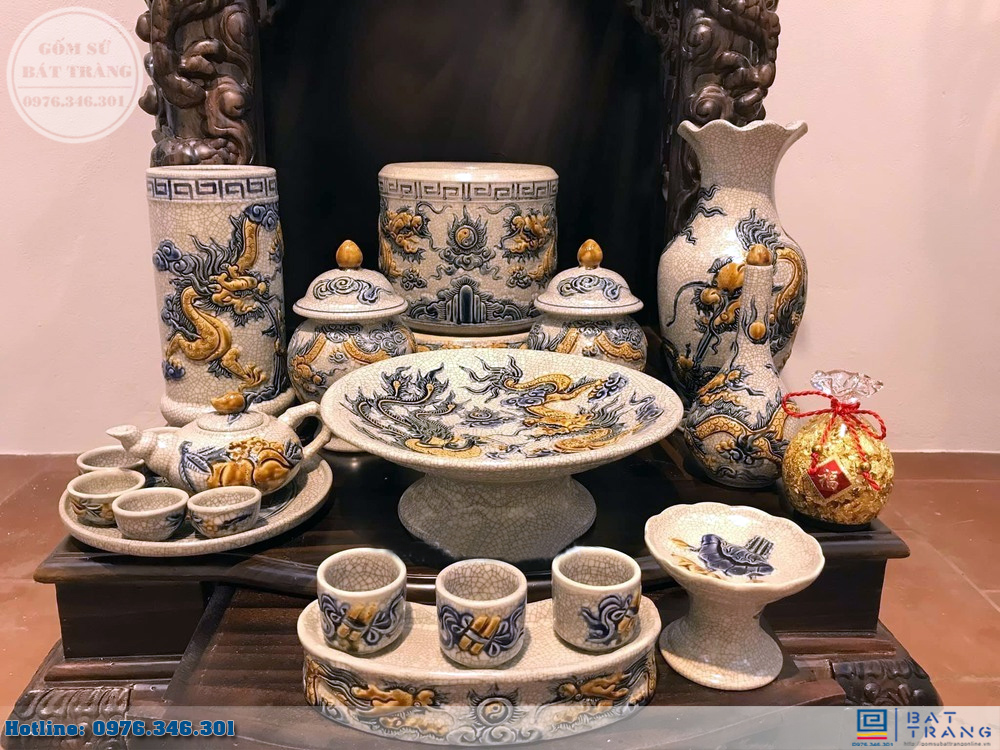Bộ đồ thờ Thần Tài men rạn nổi Bát Tràng đẹp sang trọng 