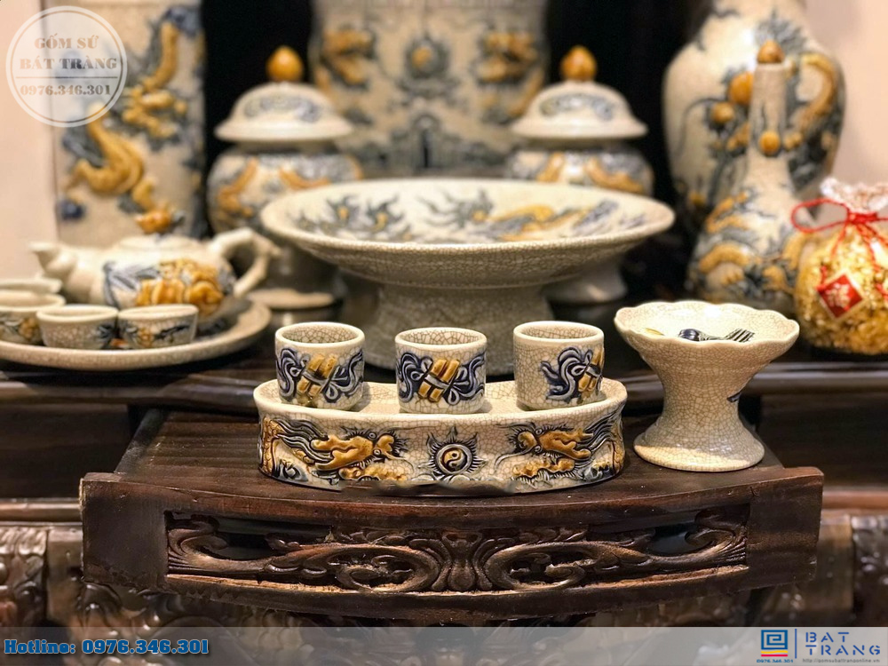 Bộ đồ thờ Thần Tài men rạn nổi Bát Tràng đẹp sang trọng