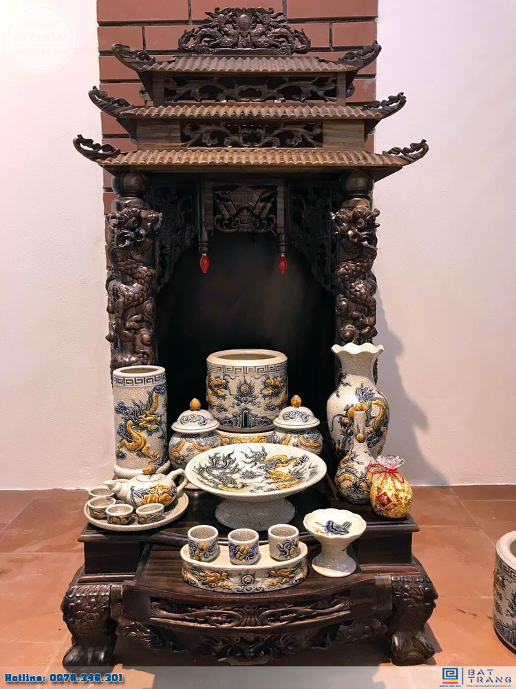 Bộ đồ thờ Thần Tài men rạn nổi Bát Tràng đẹp sang trọng