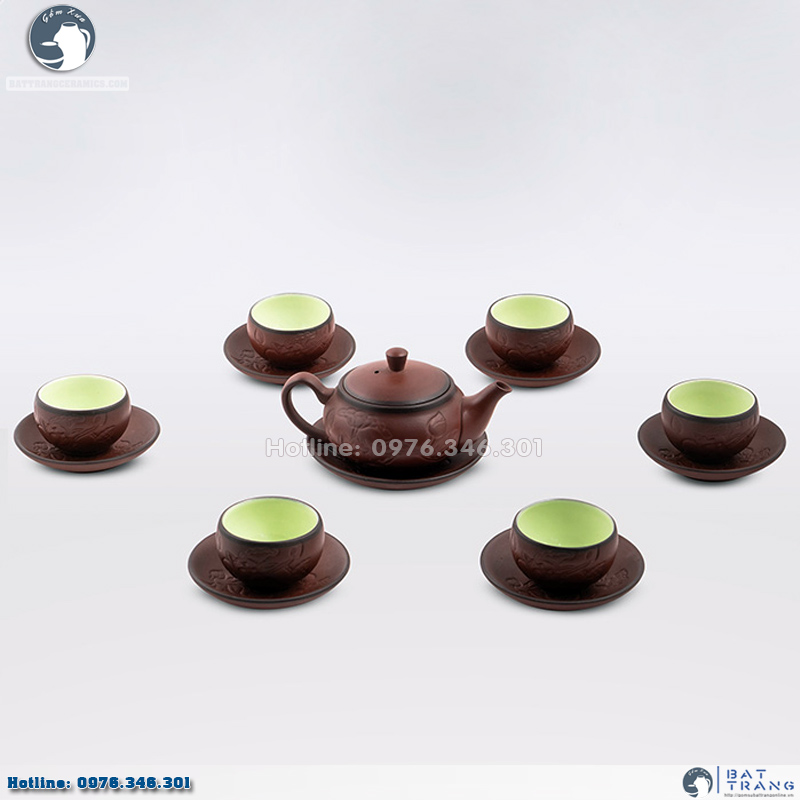 Bộ ấm chén tử sa khắc sen Bát Tràng 120ml sang trọng độc đáo 