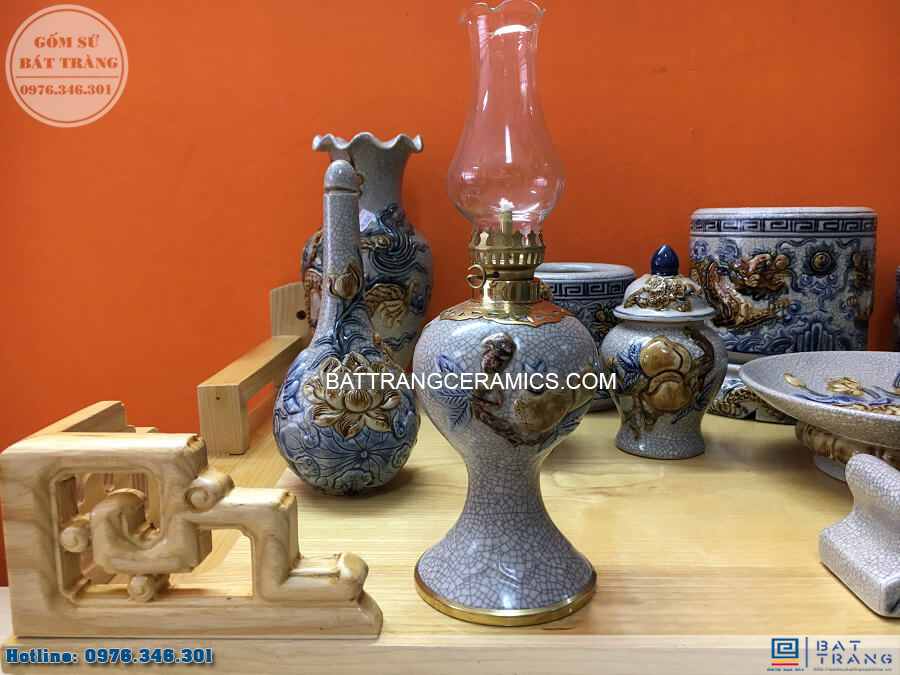 Bộ đồ thờ Bát Tràng men rạn đắp nổi 3 bát hương sang trọng cao cấp