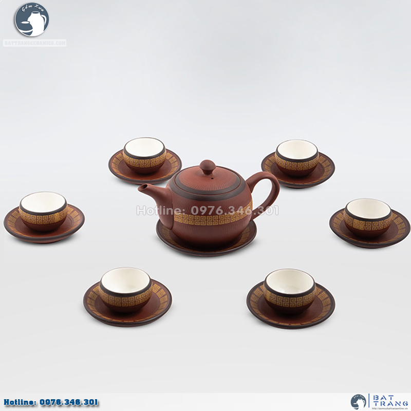 Bộ ấm chén tử sa Bát Tràng viền vàng sang trọng 280ml chính hãng