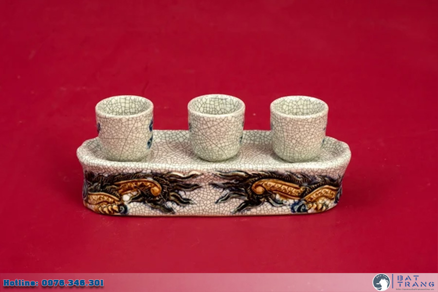 Kỷ Rồng men rạn Bát Tràng 3 ly đắp nổi sang trọng tâm linh